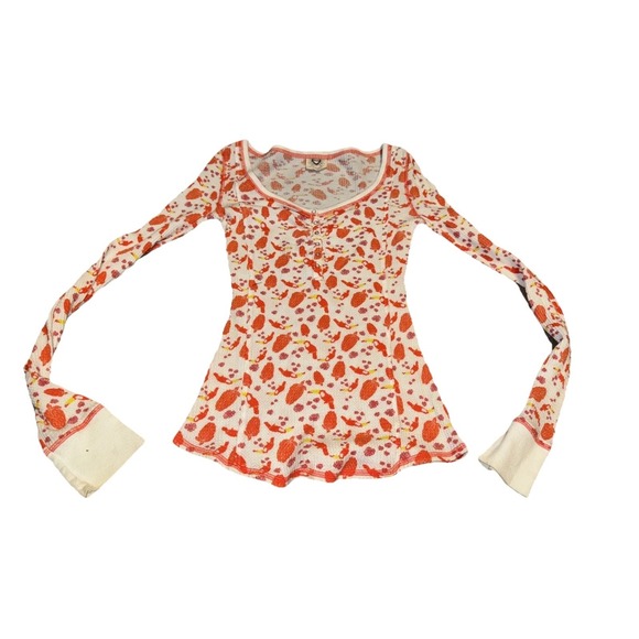 Free People Tops - Free People Womens Medium Orange White Long Sleeve 1/4 Button Shirt Henley